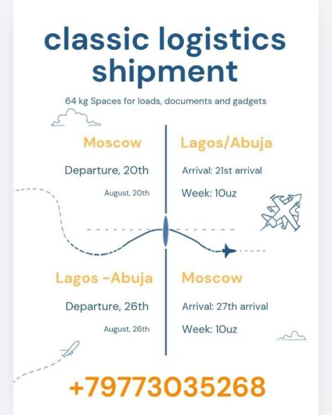 64 kg Spaces for loads ,documents and gadgets available from: Moscow to Lagos/Abuja Departure date: August 20th Arrival Date: August 21st  L