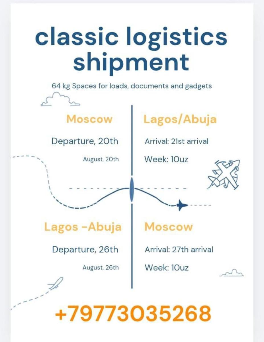 64 kg Spaces for loads ,documents and gadgets available from: Moscow to Lagos/Abuja Departure date: August 20th Arrival Date: August 21st  L
