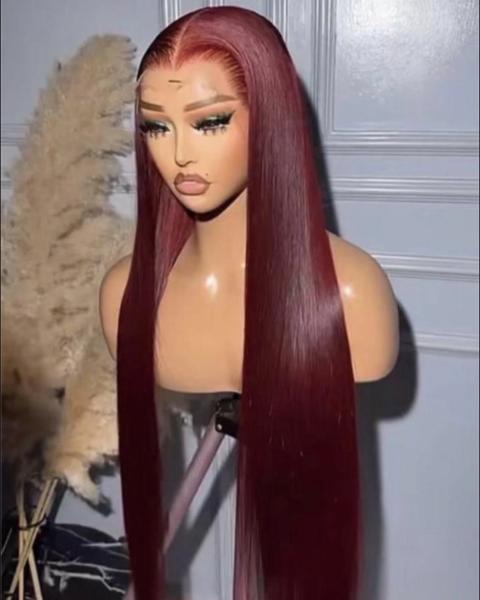 30" Chinese Bone Straight Hybrid Human Hair Wig – Deep Wine Red