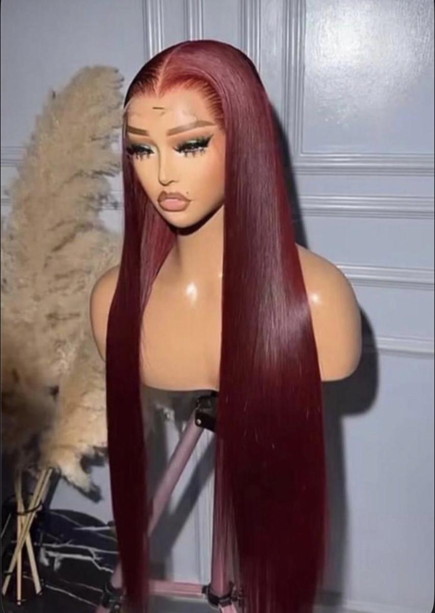 30" Chinese Bone Straight Hybrid Human Hair Wig – Deep Wine Red