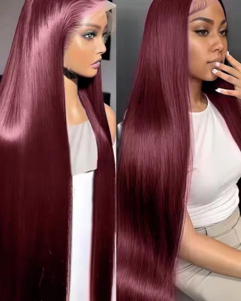 30" Chinese Bone Straight Hybrid Human Hair Wig – Deep Wine Red