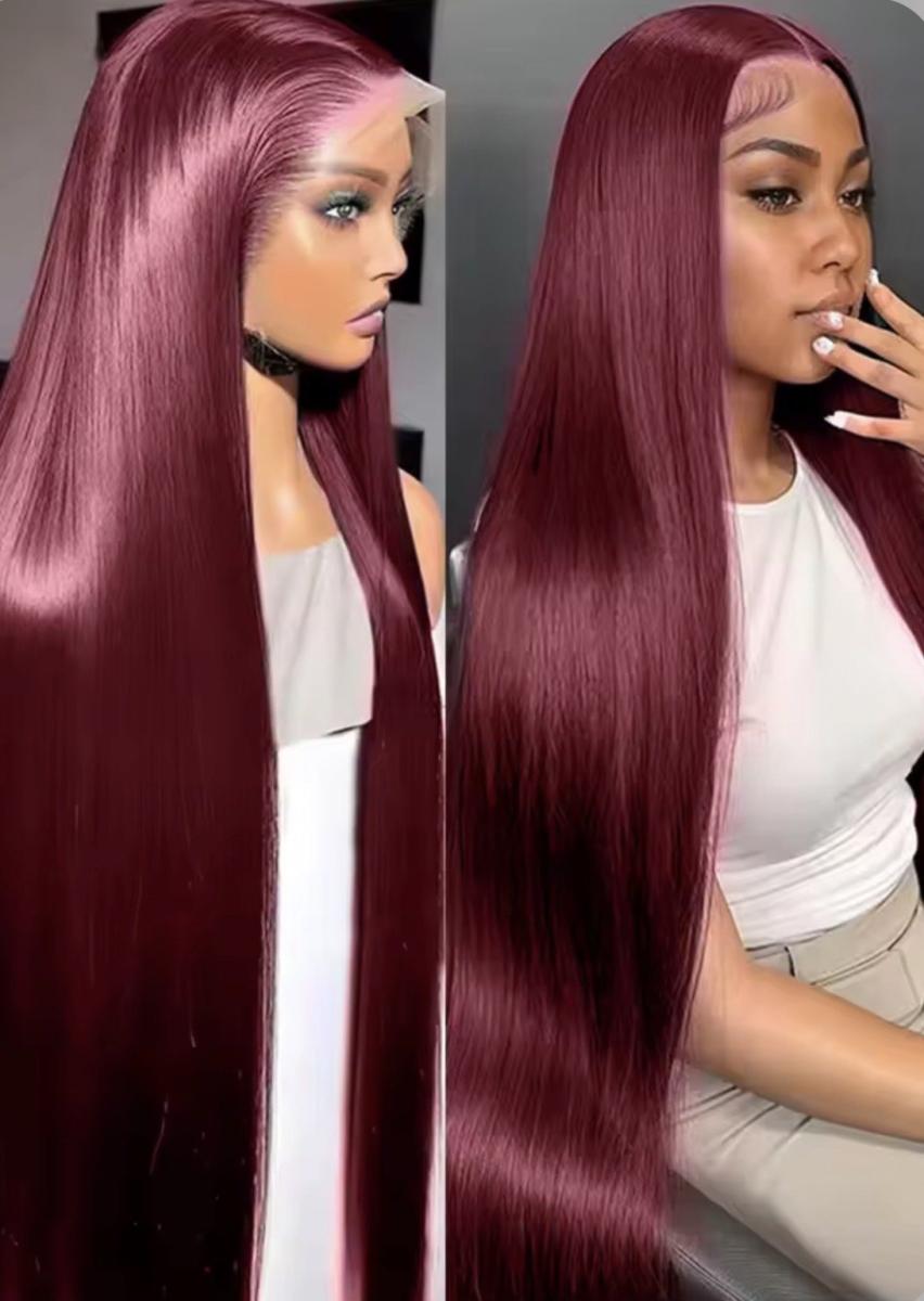 30" Chinese Bone Straight Hybrid Human Hair Wig – Deep Wine Red
