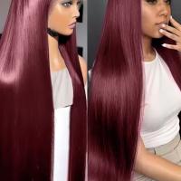 30" Chinese Bone Straight Hybrid Human Hair Wig – Deep Wine Red