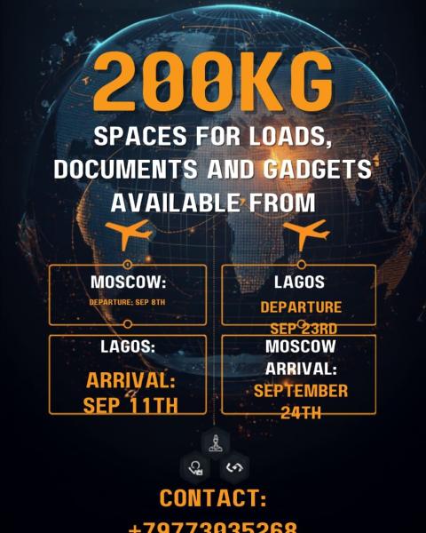 64 kg Spaces for loads ,documents and gadgets available from: Moscow to Lagos/Abuja