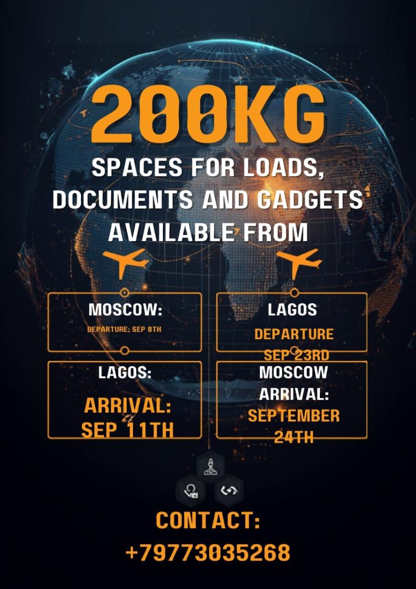 64 kg Spaces for loads ,documents and gadgets available from: Moscow to Lagos/Abuja